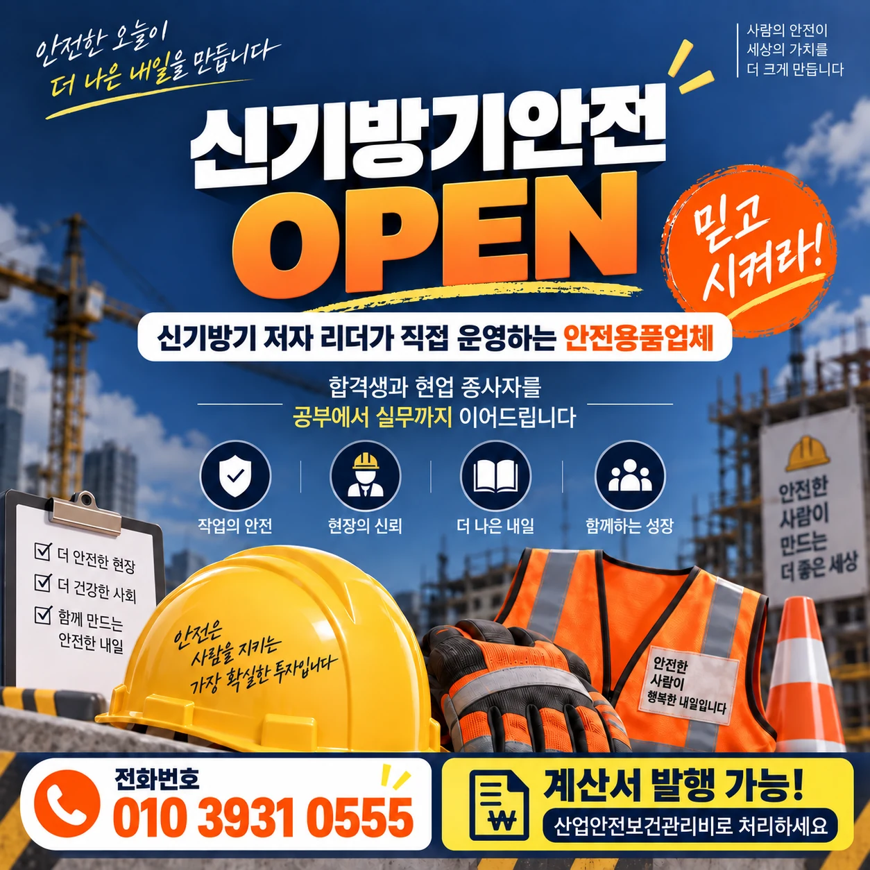 신기방기안전용품 업체 안내. 전화번호 010-3931-0555, 계산서 발행 가능.